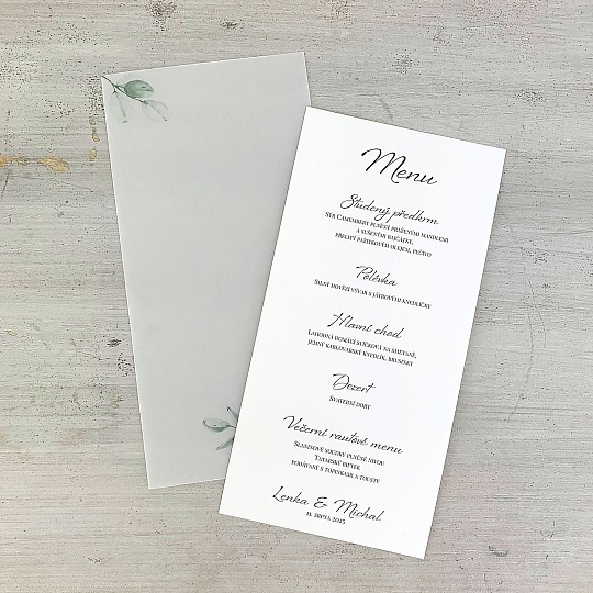 Svadobné menu s vetvičkou eukalyptu
