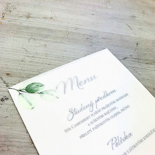 Svadobné menu s vetvičkou eukalyptu