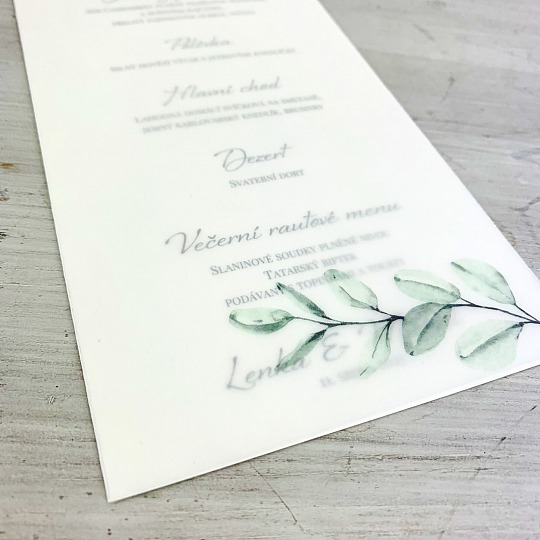 Svadobné menu s vetvičkou eukalyptu