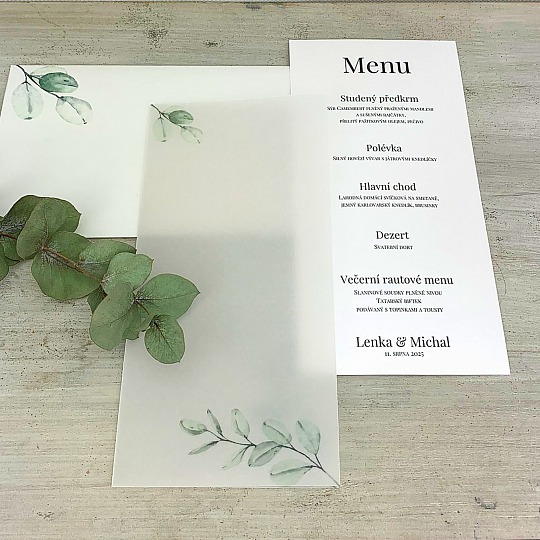 Svadobné menu s vetvičkou eukalyptu