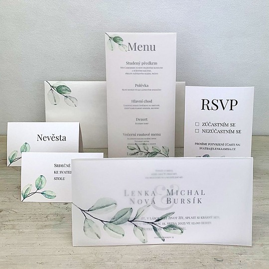 Svadobné menu s vetvičkou eukalyptu