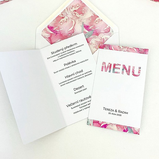 Svadobné menu s akvarelovou kvesbou kvetín
