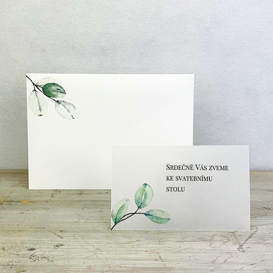 Svadobná pozvánka z pauzovacieho papiera s vetvičkou eukalyptu