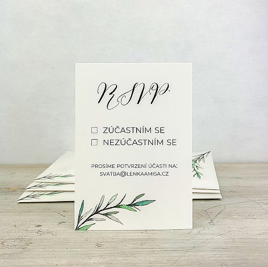 Svadobná odpovedná kartička s vetvičkou rozmarínu