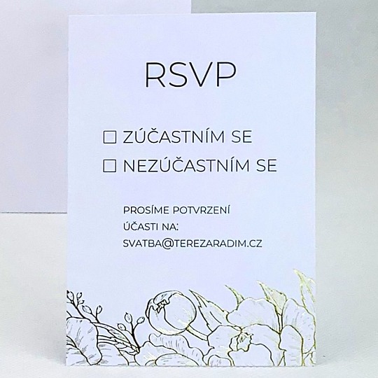 Svadobná kartička so zlatou razbou kvetín