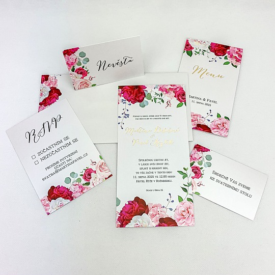 Svadobná kartička s ružami a pivonkami